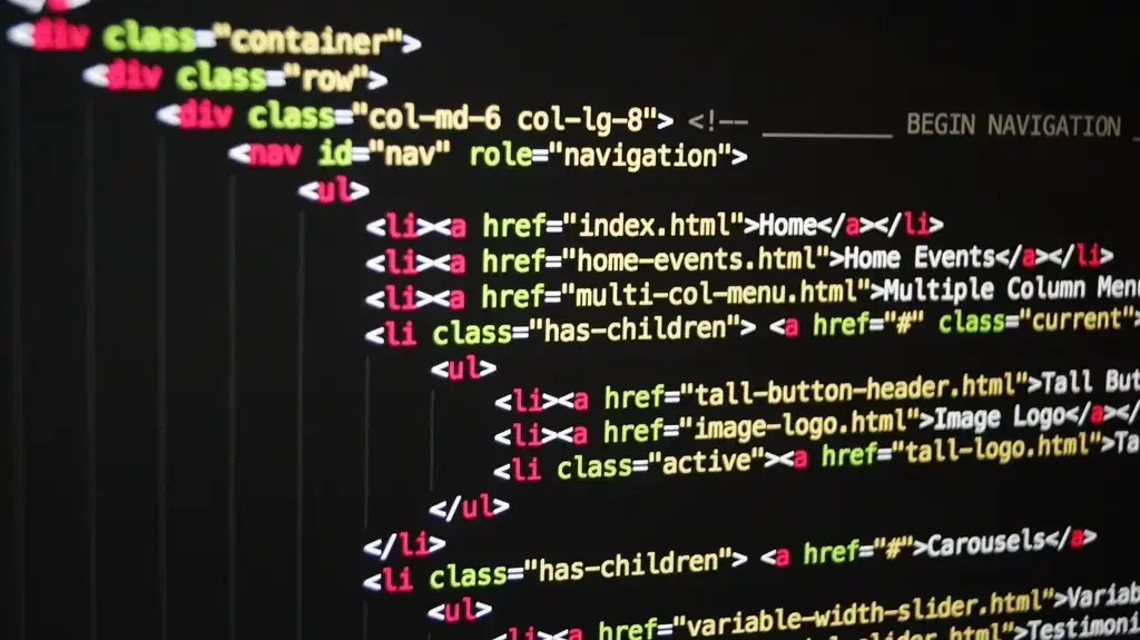HTML code for a website navigation menu shown in a code editor