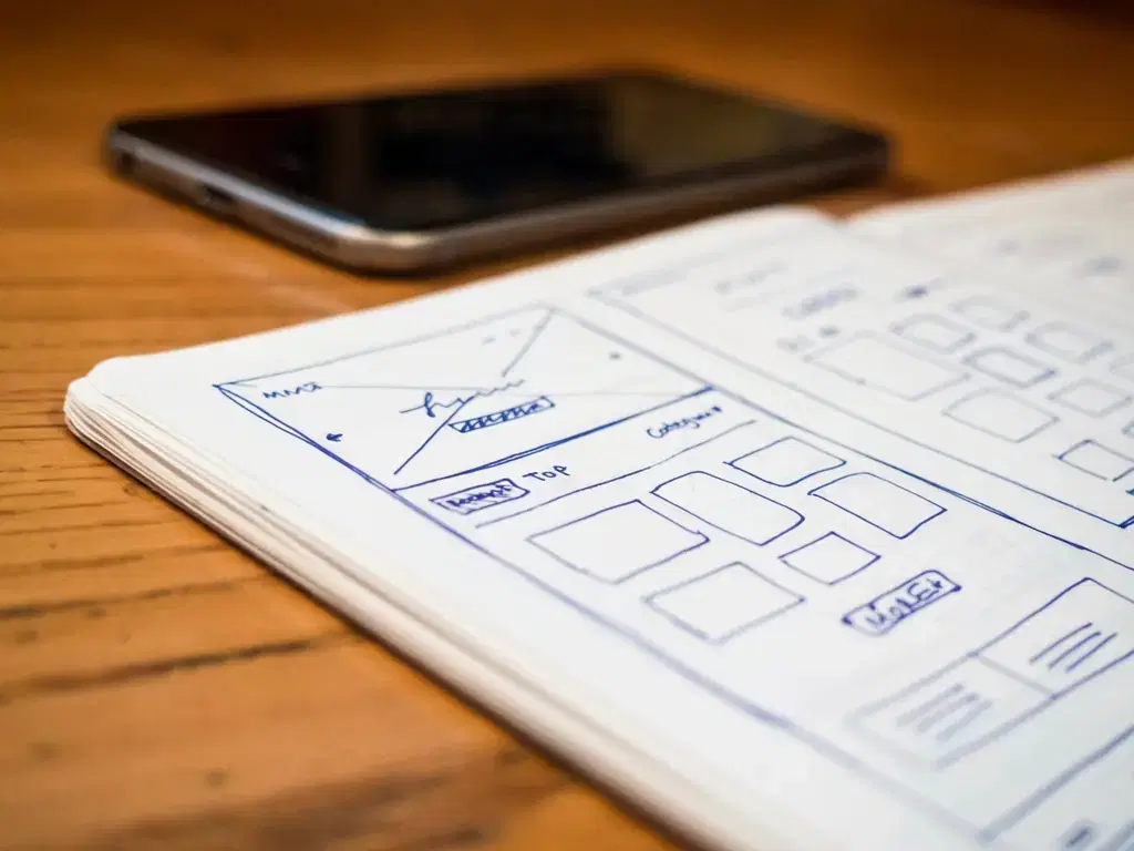 Startup MVP screen wireframes sketched in a notebook beside a smartphone on a wooden desk